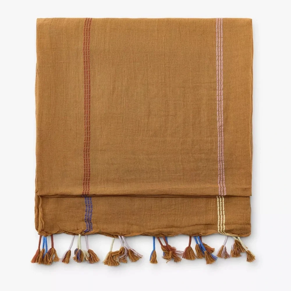 Zara striped linen scarf with pompoms, extra large sized 180 x 100 cm